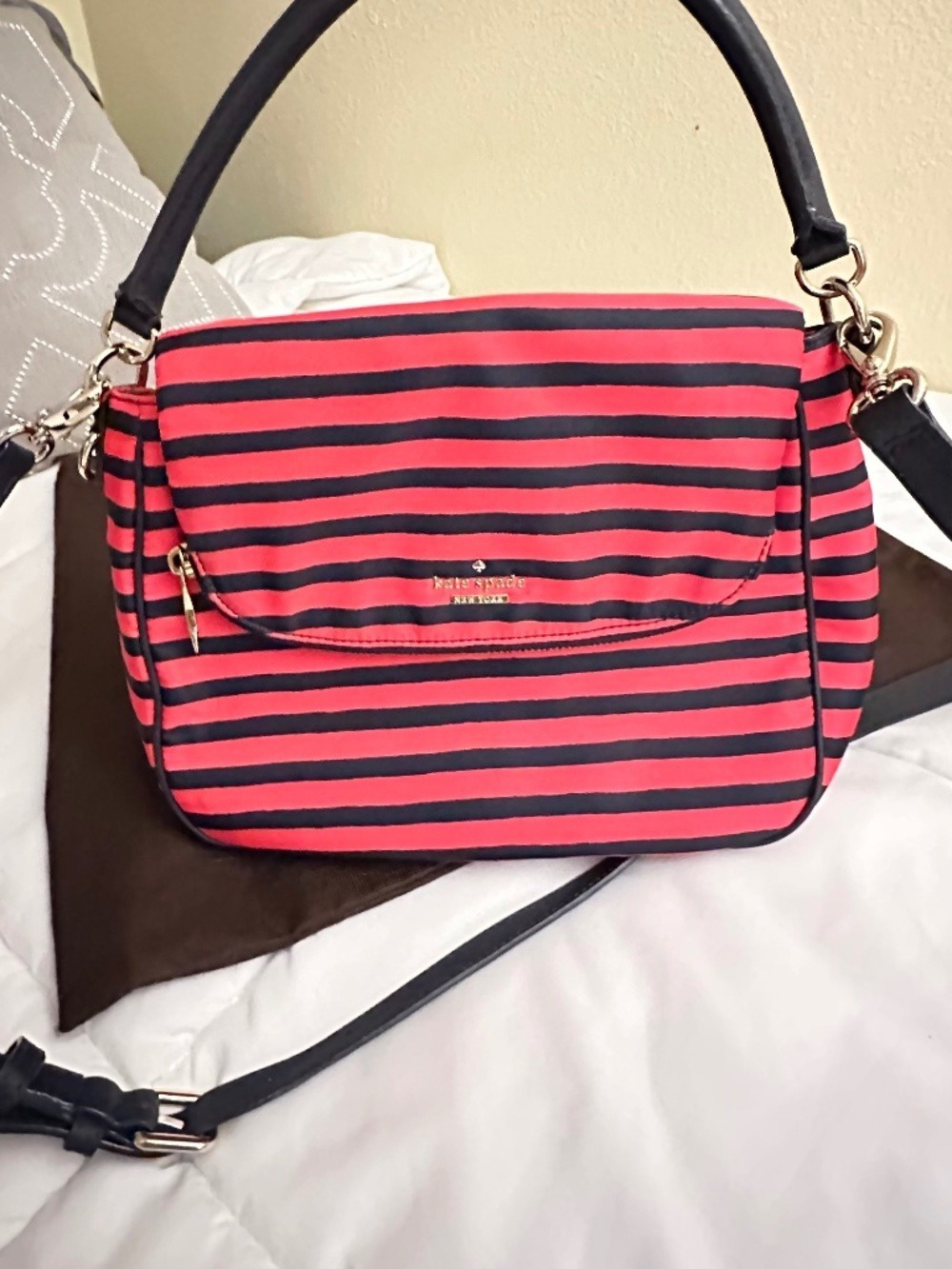 Kate Spade New York Striped Nylon Crossbody Satchel Pink Black Convertible - Picture 2 of 6